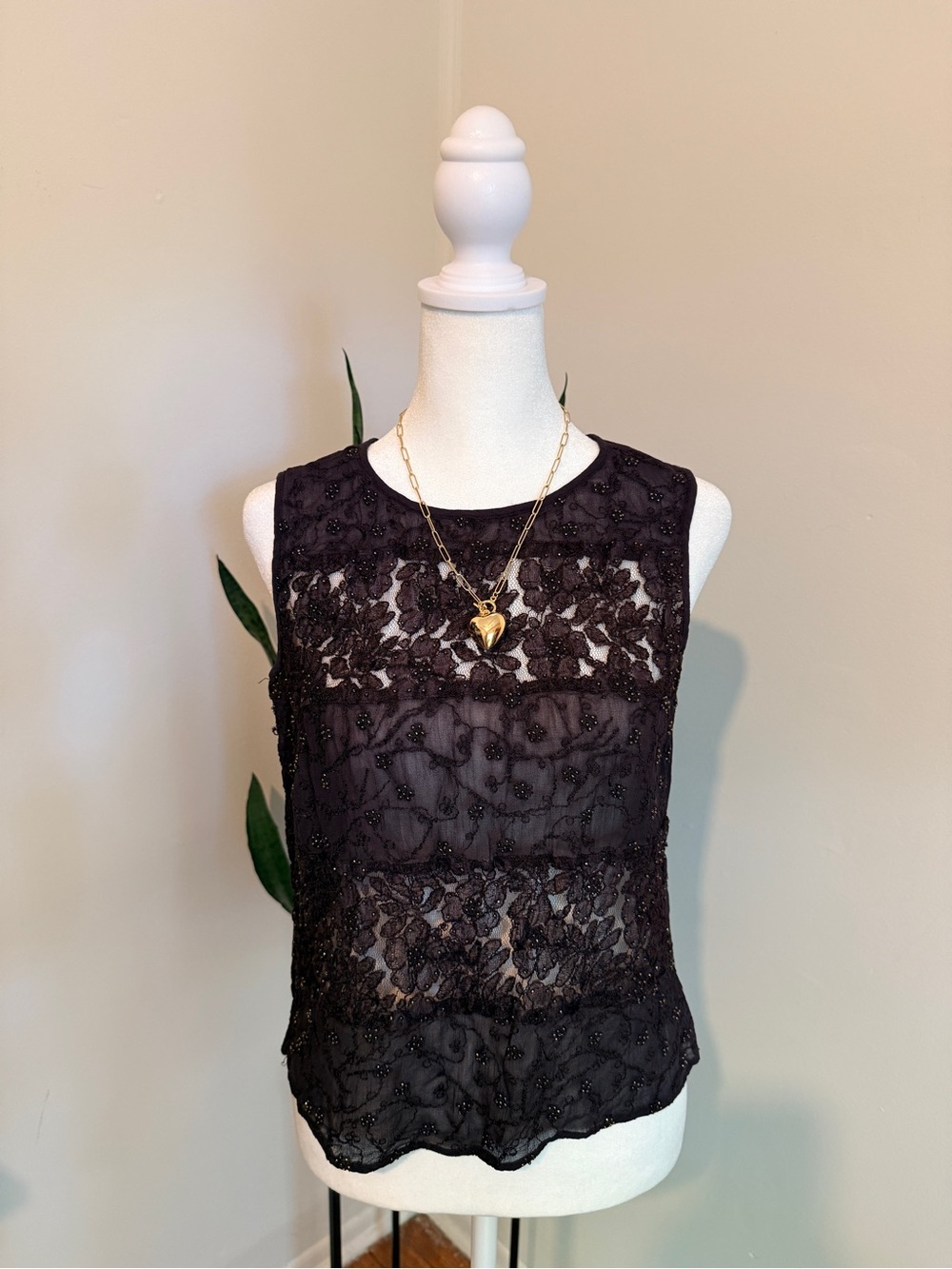 Express Womens Brown Beaded Lace Sheer Camisole Top Size M Floral Embroidery